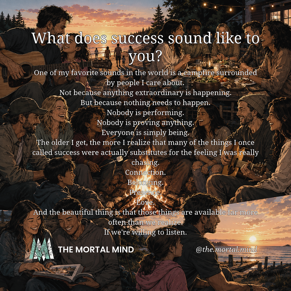 Semi-realistic comic illustration of diverse friends and family gathered around a campfire at sunset, sharing food, laughter, music, stories, and quiet moments together by the water.