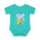 Thumbnail: An infant boy rib bodysuit featuring a cartoon elephant character holding a ball. The elephant has a cute and friendly expression with large, round eyes and a smiling mouth. It is adorned with soft, pastel colors, and the ball it holds adds an element of playfulness. The ribbed fabric provides a textured look, enhancing the charming and whimsical design.