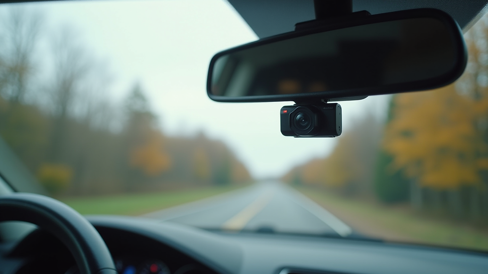 Close-up view of a compact dashcam mounted on a car windshield