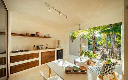 Open-air outdoor space with kitchen hammock and traditional chukum walls at boutique hotel in La Manzanilla Mexico