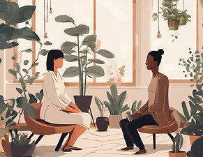 two people in a beautiful zen office with a couple plants. One is the therapist, a woman, 
