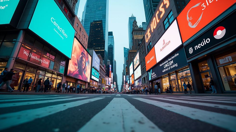 Eye-level view of a modern urban street with colorful billboards and digital screens