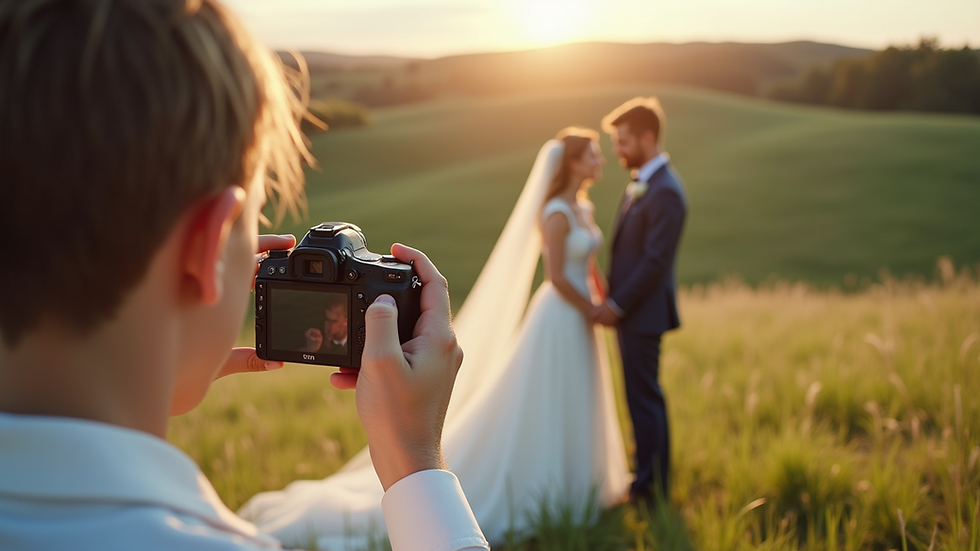 Eye-level view of a wedding photographer capturing a bride and groom outdoors