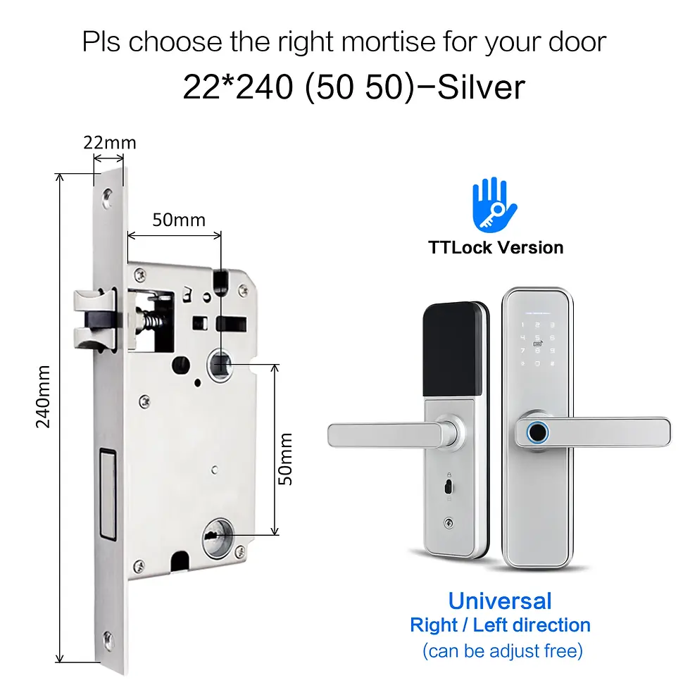 Thumbnail: Silver mortise lock set with dimensions, TTLock handles for universal right/left doors