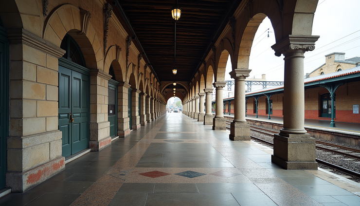 Wide angle view of Dunedin Railway Station with its ornate facade