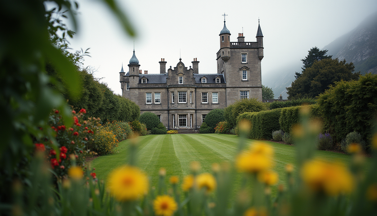 Eye-level view of the historic Larnach Castle surrounded by lush gardens