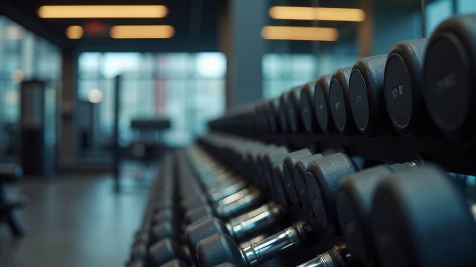 Close-up view of a dumbbell rack in a modern gym