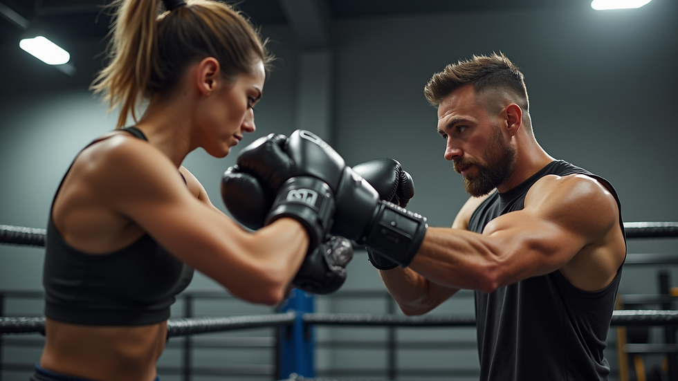 Close-up view of a personal trainer coaching a client on boxing technique