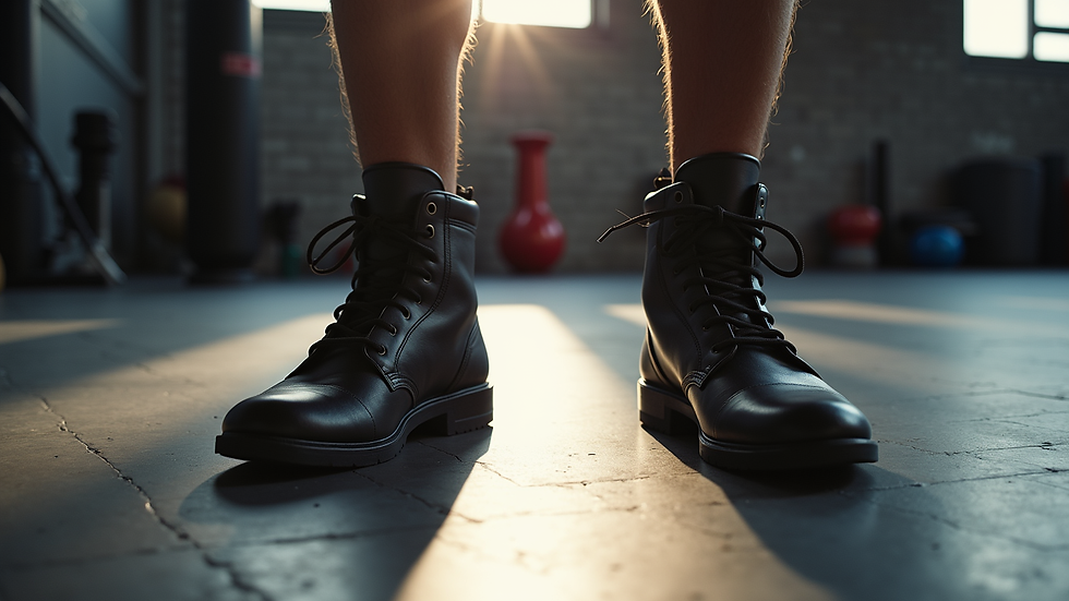 Close-up view of boxing shoes on a gym floor showing foot positioning