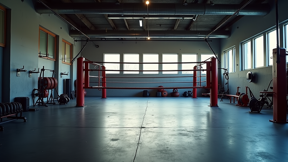 Wide angle view of a gym floor with boxing rings and weightlifting stations