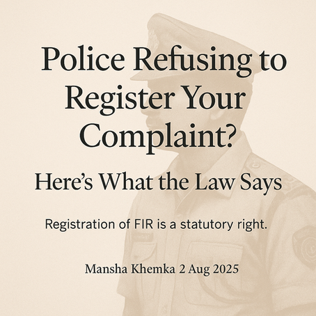 A subdued digital illustration showing a person standing outside a closed police station door, holding a written complaint. The image features the title “Police Refusing to Register Your Complaint?” in a classic serif font, with soft, muted colors conveying institutional silence. Subtext includes author credit “Mansha Khemka | 2 Aug 2025.” The mood reflects quiet frustration and systemic inaction.