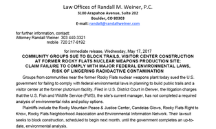 Rocky Flats Fish and Wildlife NEPA Lawsuit News Release