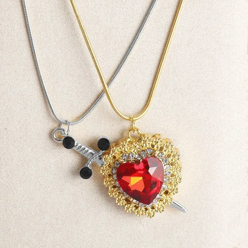 Thumbnail: Luxury Heart & Sword Pendant Necklace Set – Sparkling Crystal Jewelry