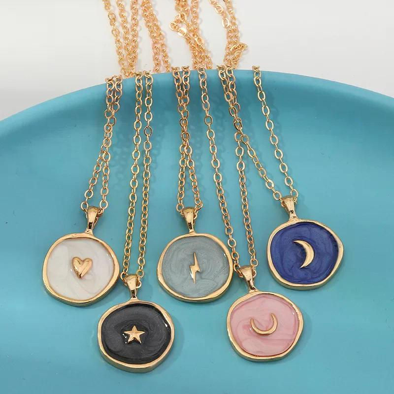 Thumbnail: Bohemian Geometric Irregular Enamel Necklace  for Women Colorful Moon Star Penda