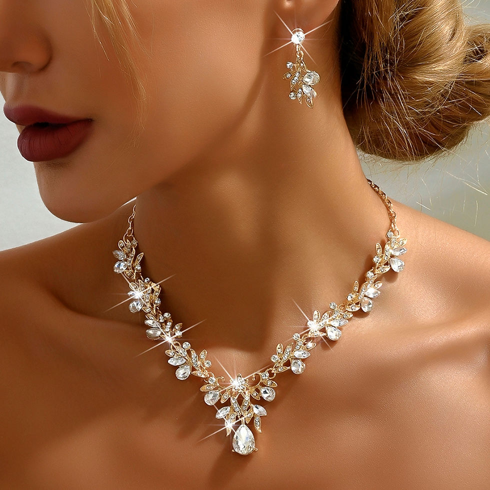 Thumbnail: 3PC Cross Mirror European and American Exaggerated Banquet Gemstone Necklace Ear