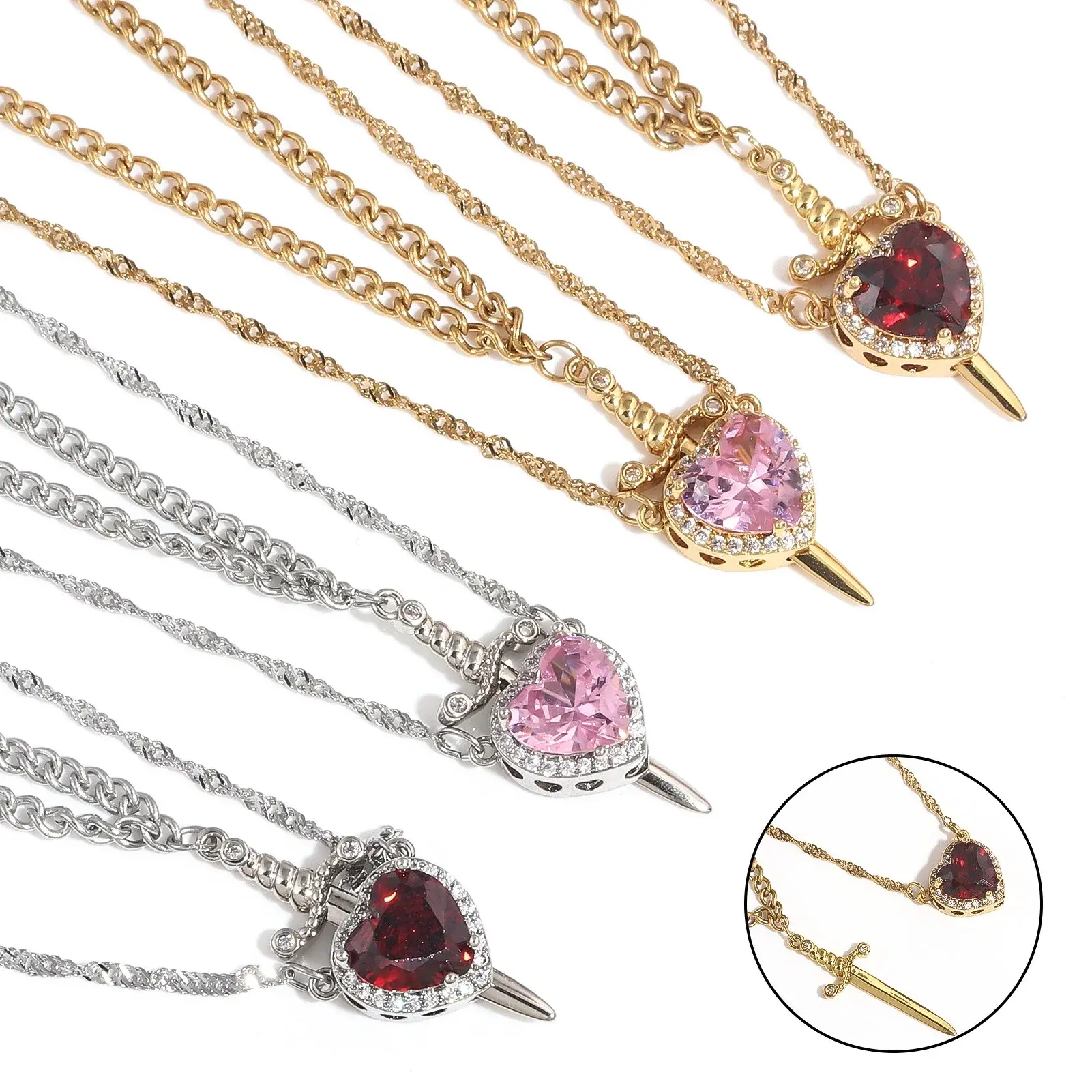 Luxury Heart & Sword Pendant Necklace Set – Sparkling Crystal Jewelry