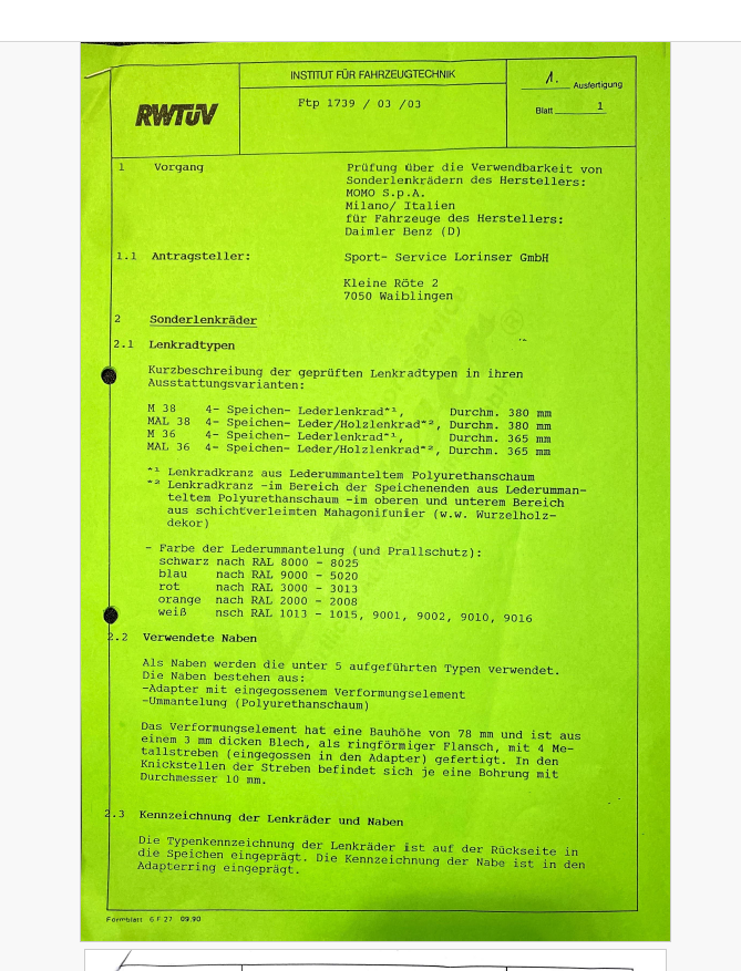 TÜV Gutachten Mercedes-Benz Lorinser Momo Lenkrad M38 & M36 AMG Brabus steering wheel
