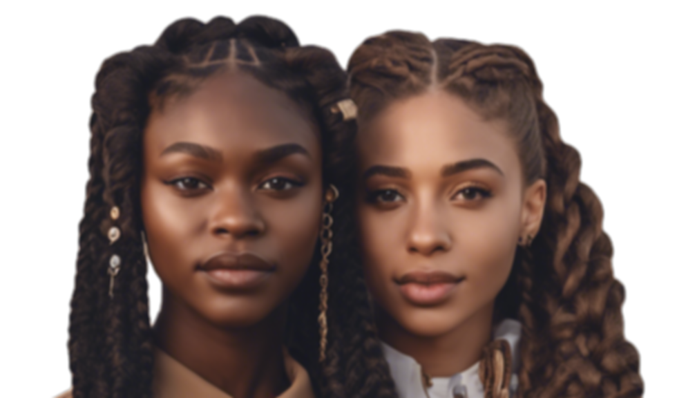 one black lady with knotless braids and light skin lady with French curl together in one l