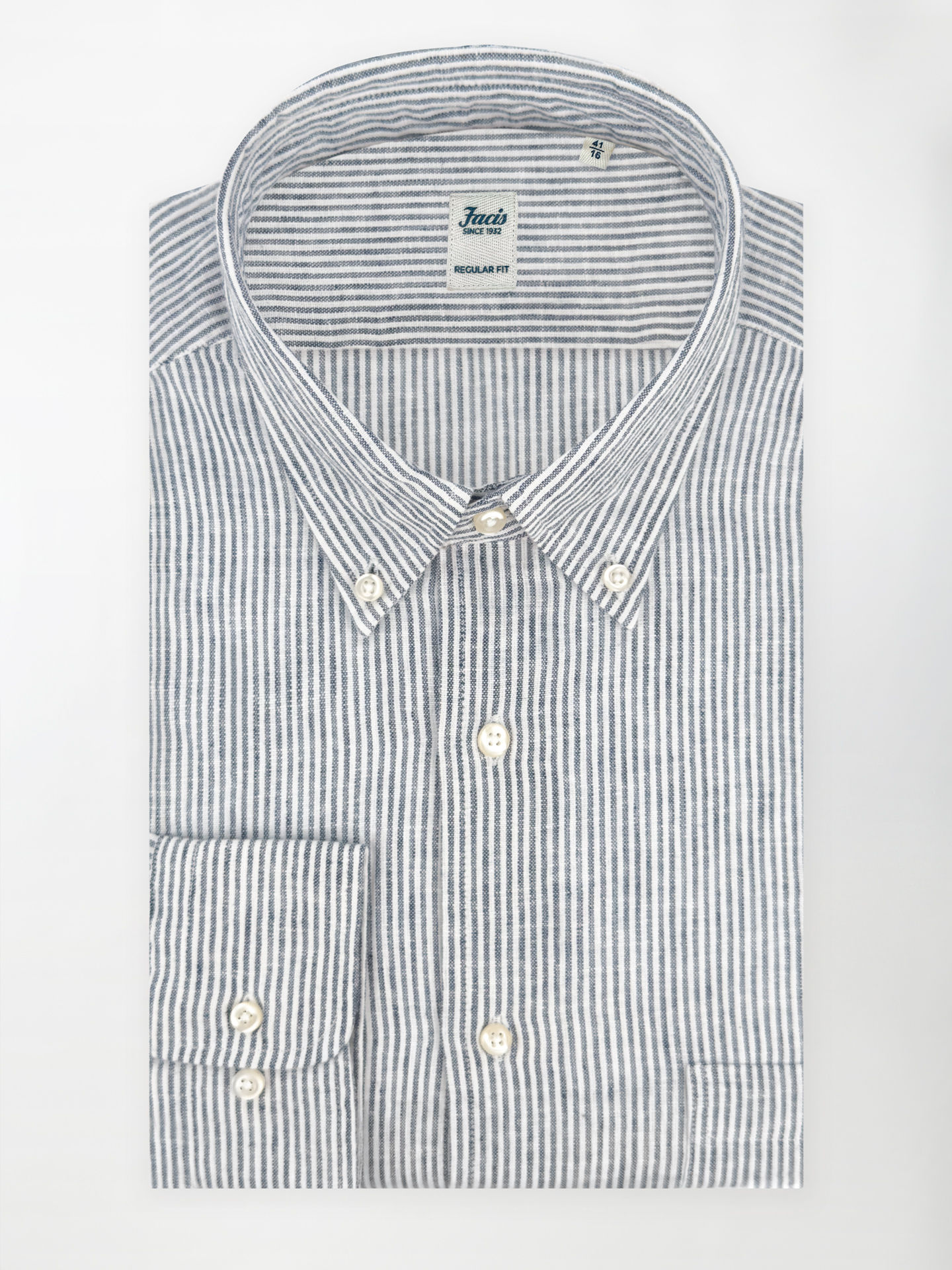 Camicia in Lino e Cotone Collo Button-Down - Righe Blu - Regular Fit