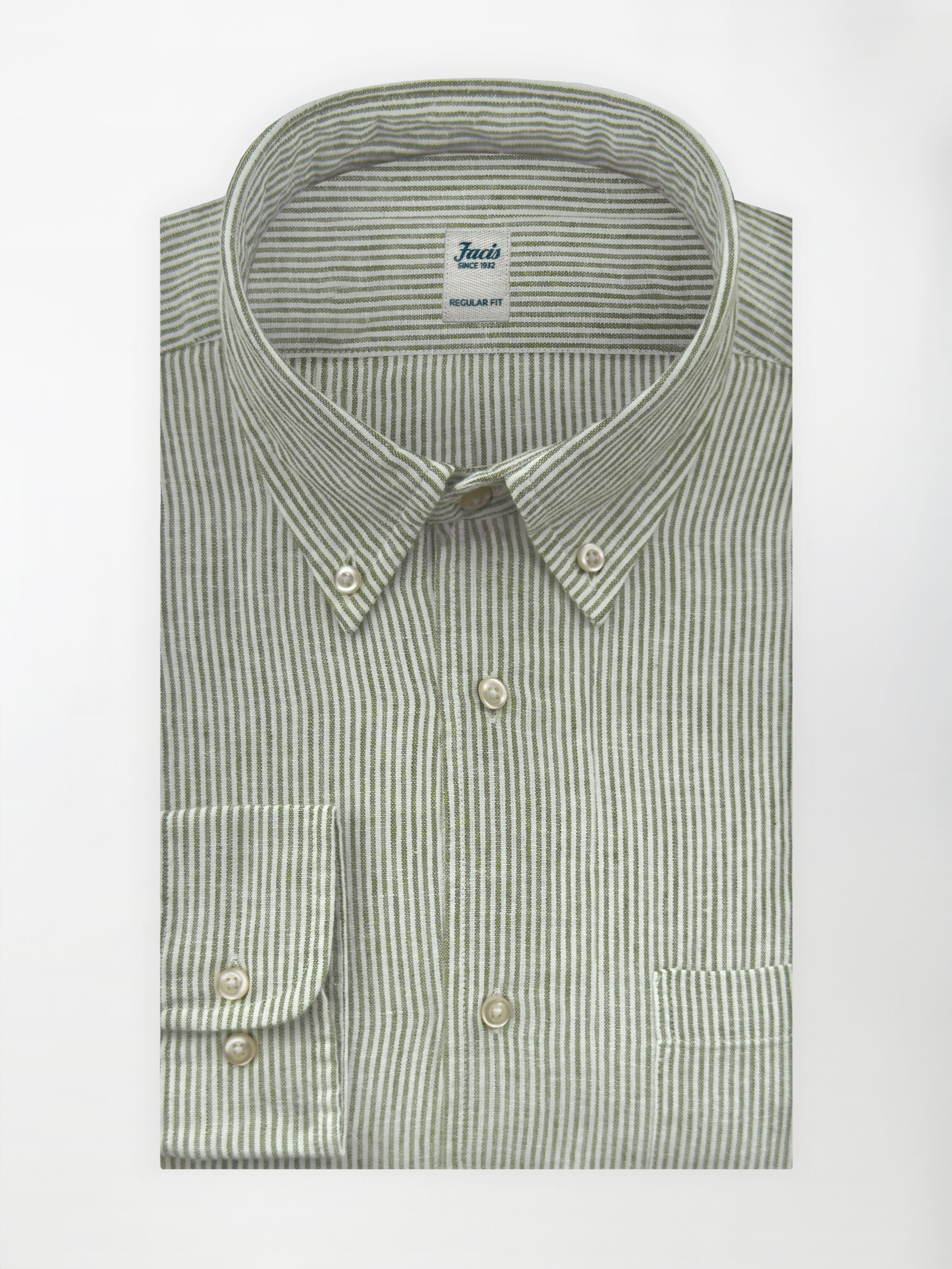 Camicia in Lino e Cotone con Collo Button down - Righe Verde Salvia - Regular