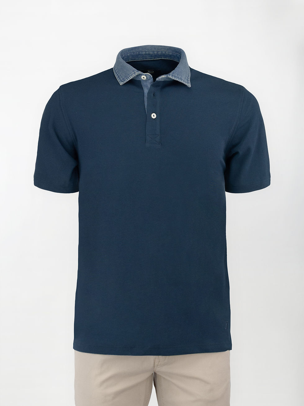 Miniatura: Polo in cotone piquet con colletto denim - color Blu Navy blazer