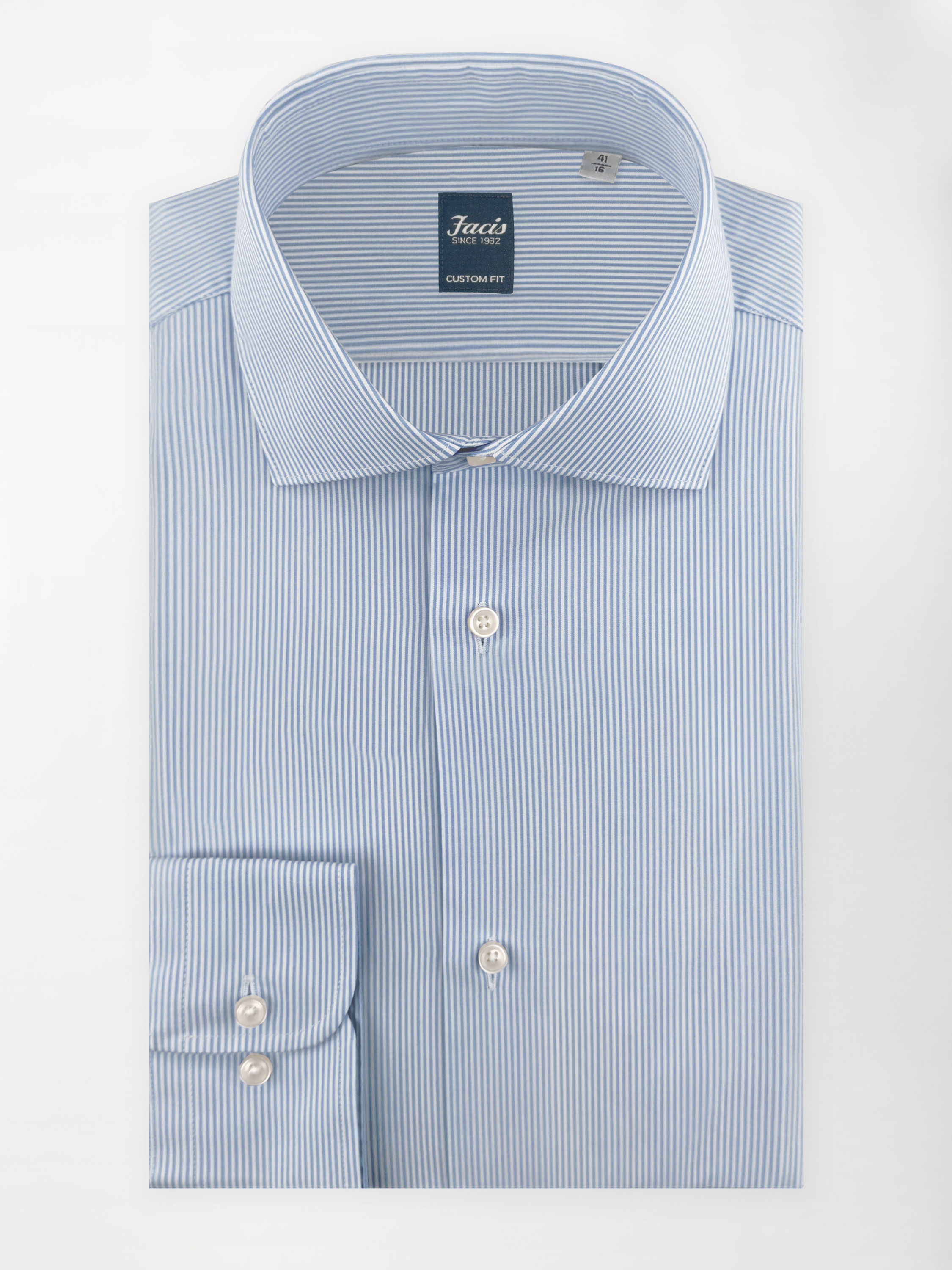Camicia Bacchettato Azzurro con Collo Francese - Custom Fit - Cotone Popeline