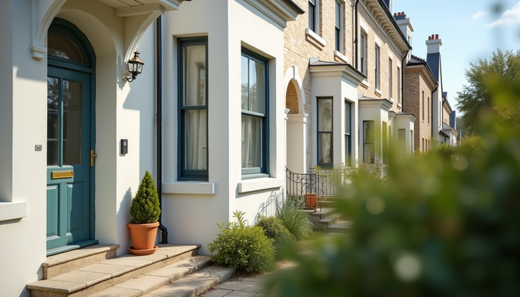Eye-level view of a renovated townhouse exterior with fresh paint and modern windows