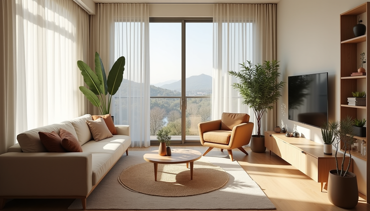 High angle view of a cozy living room with natural light and tasteful decor