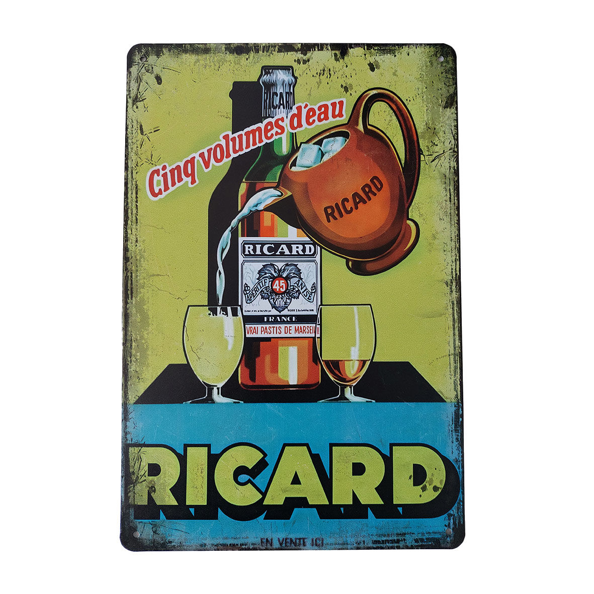 Plaque métal rétro, 20 x 30 cm, Ricard 5 volumes d'eau