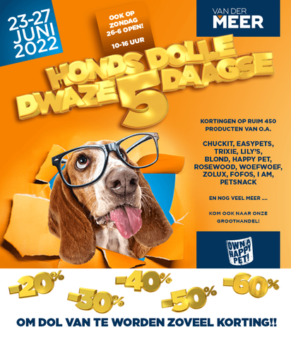 Hond-Dolle-Dwaze-5-Daagse was an event at Van Der Meer Diertotaalgroothandel. The event was all about well-known dog brands that went on sale for 5 days.

I have made visuals for the email marketing, facebook and instagram.