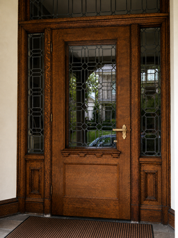 Front view of the oak entry door with leaded glass sidelights and transom