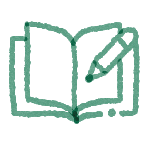 Green hand-drawn icon of an open book and a pencil.