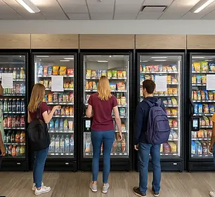 Two people browsing a smart micro market in a modern lounge space
