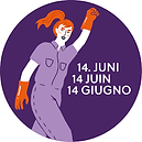 The logo of the swiss women's strike: a woman marching on a purple background with the date June 14.