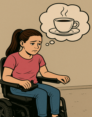 איור של אישה בכיסא גלגלים חושבת על קפה