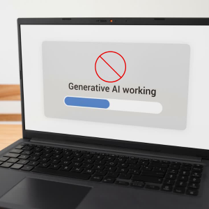 Laptop computer set to AI page with blue progress bar showing that AI is generating copy. Includes a red Prohibited sign above the words Generative AI working