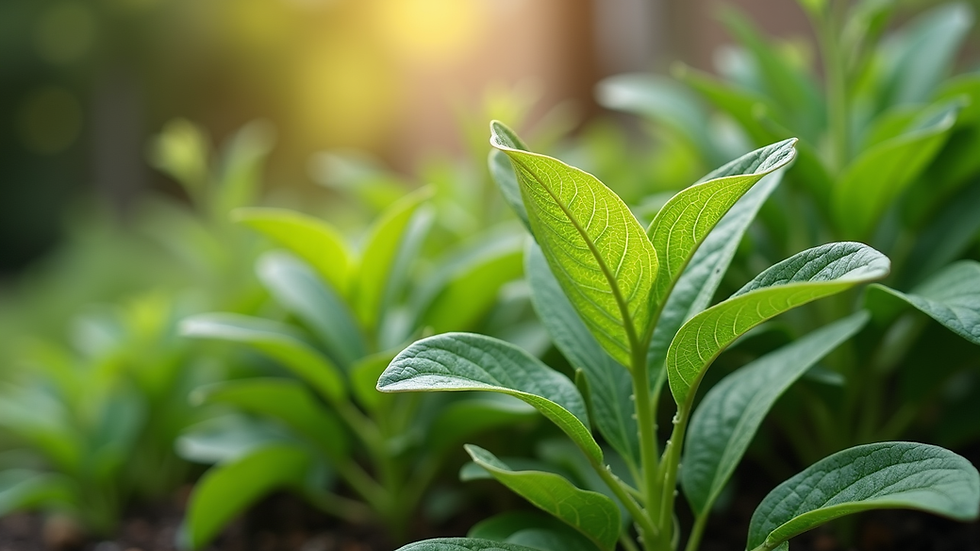 Close-up view of green leafy plants growing in a small garden bed