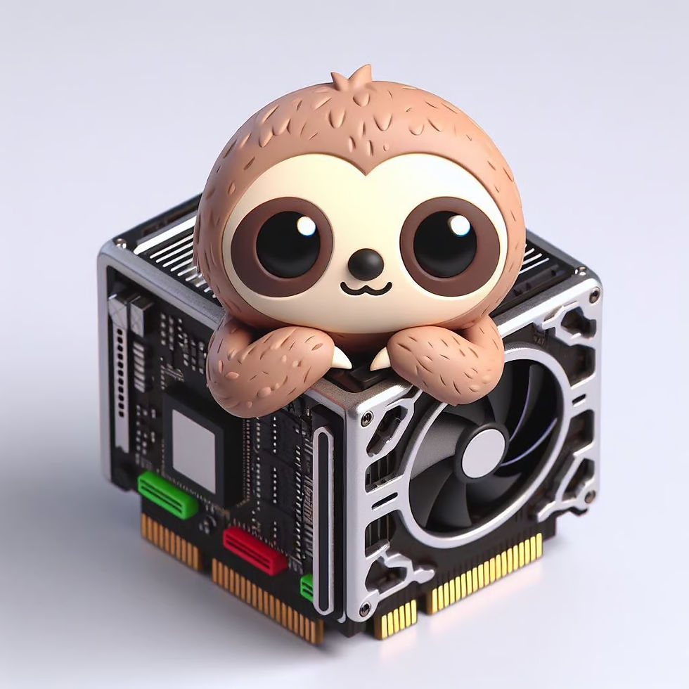 Playful cartoon of a sloth lounging inside a GPU unit.