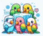 A group of parrots, which are 'loras' in Spanish, freezing cold around an ice cube.
