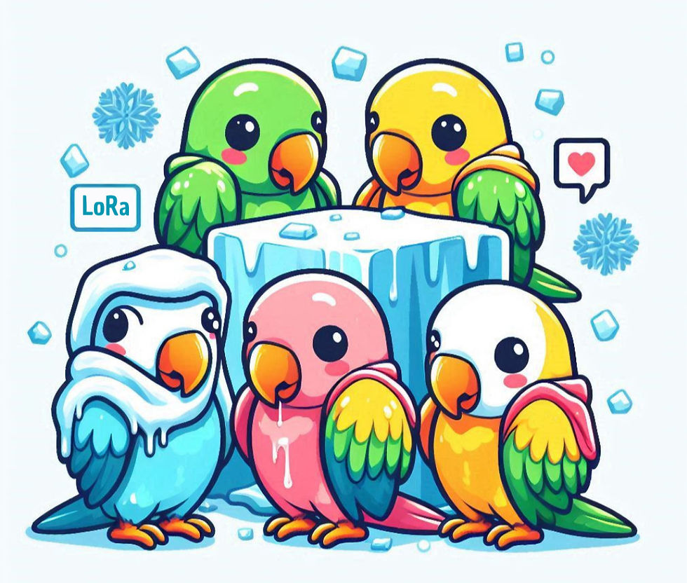 A group of parrots, which are 'loras' in Spanish, freezing cold around an ice cube.