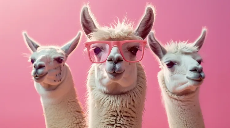 A group of three llamas against a pink background. The llama in the center is wearing pink glasses.