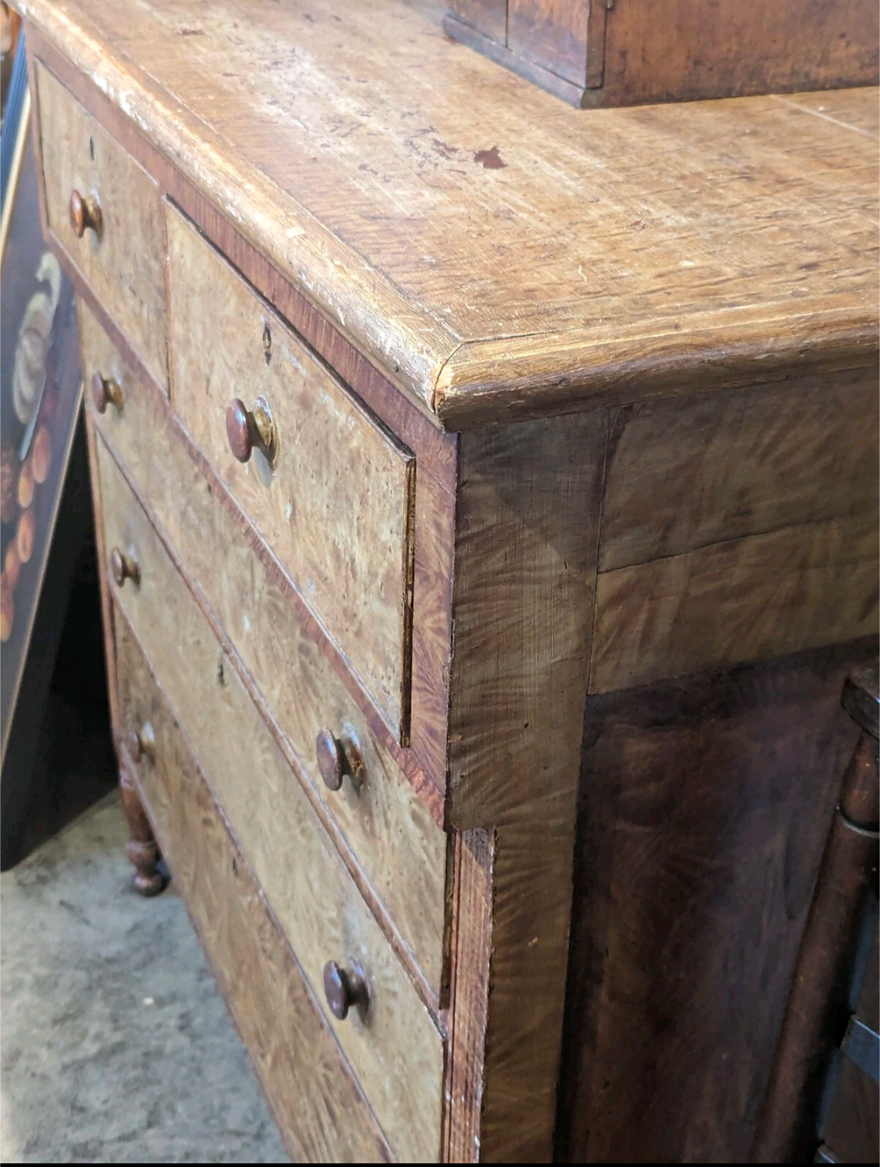 1820 Mahogany Cherry Paint Decorated Chest Dovetail Joints 43x43x22 - $2500