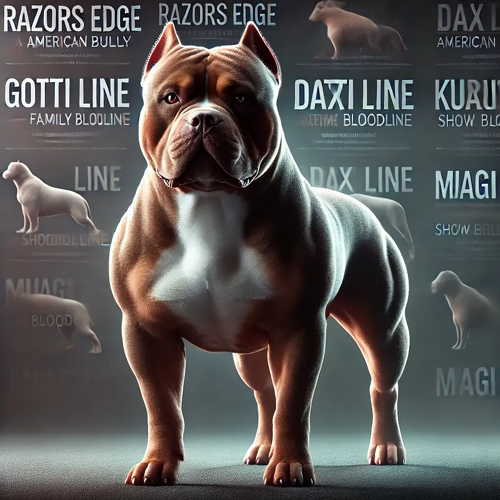 A muscular brown and white American Bully stands confidently. Background text: "Razors Edge", "Gotti Line", "Daxi Line".