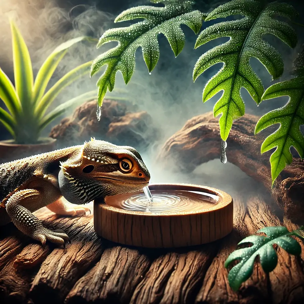 Lizard drinking from a wooden bowl on a misty branch. Lush green leaves and water droplets add a tropical forest vibe.