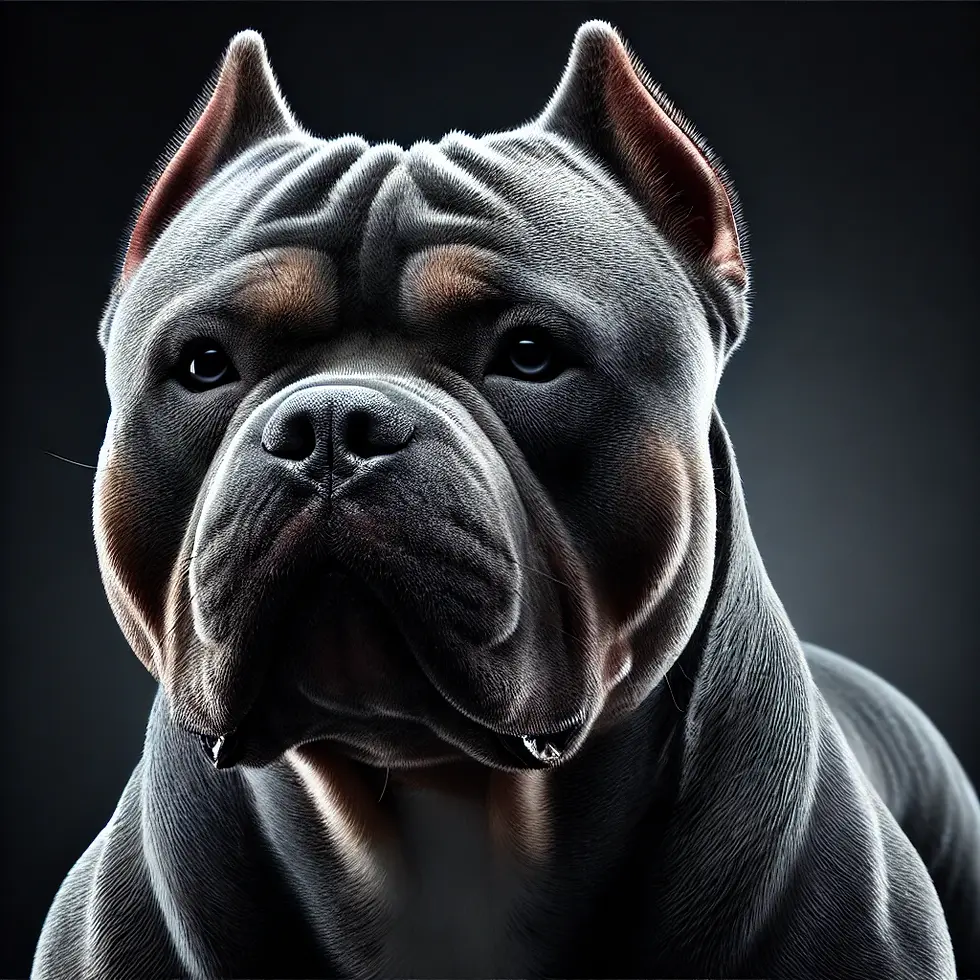 Close-up of a muscular dog with smooth grey fur and alert expression, set against a dark background, evoking a strong and serene mood.