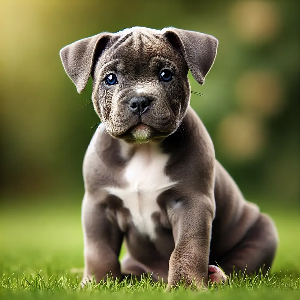Cute gray puppy with blue eyes sitting on grass, looking curious. Blurred green background enhances peaceful mood.