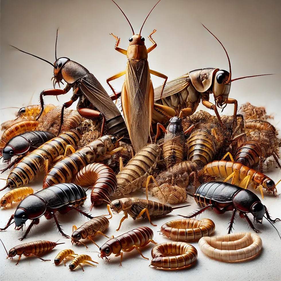 A variety of insects including crickets, beetles, and larvae are clustered on a textured surface. The insects are in different poses, and colors.