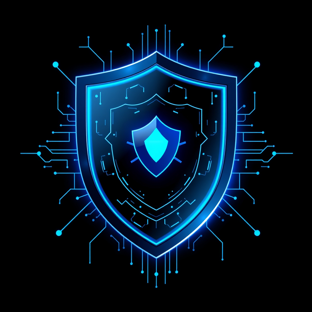 Cybersecurity shield badge in blue against a black background symbolizes digital protection.