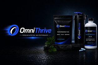 Black packaging of OmniThrive products with a shaker and natural elements on a dark surface.