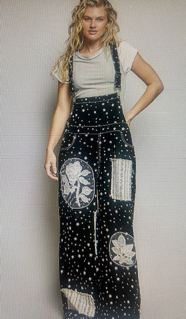 POL Black Star Embroidered Patchwork Adjustable Strap Relaxed Fit Overalls